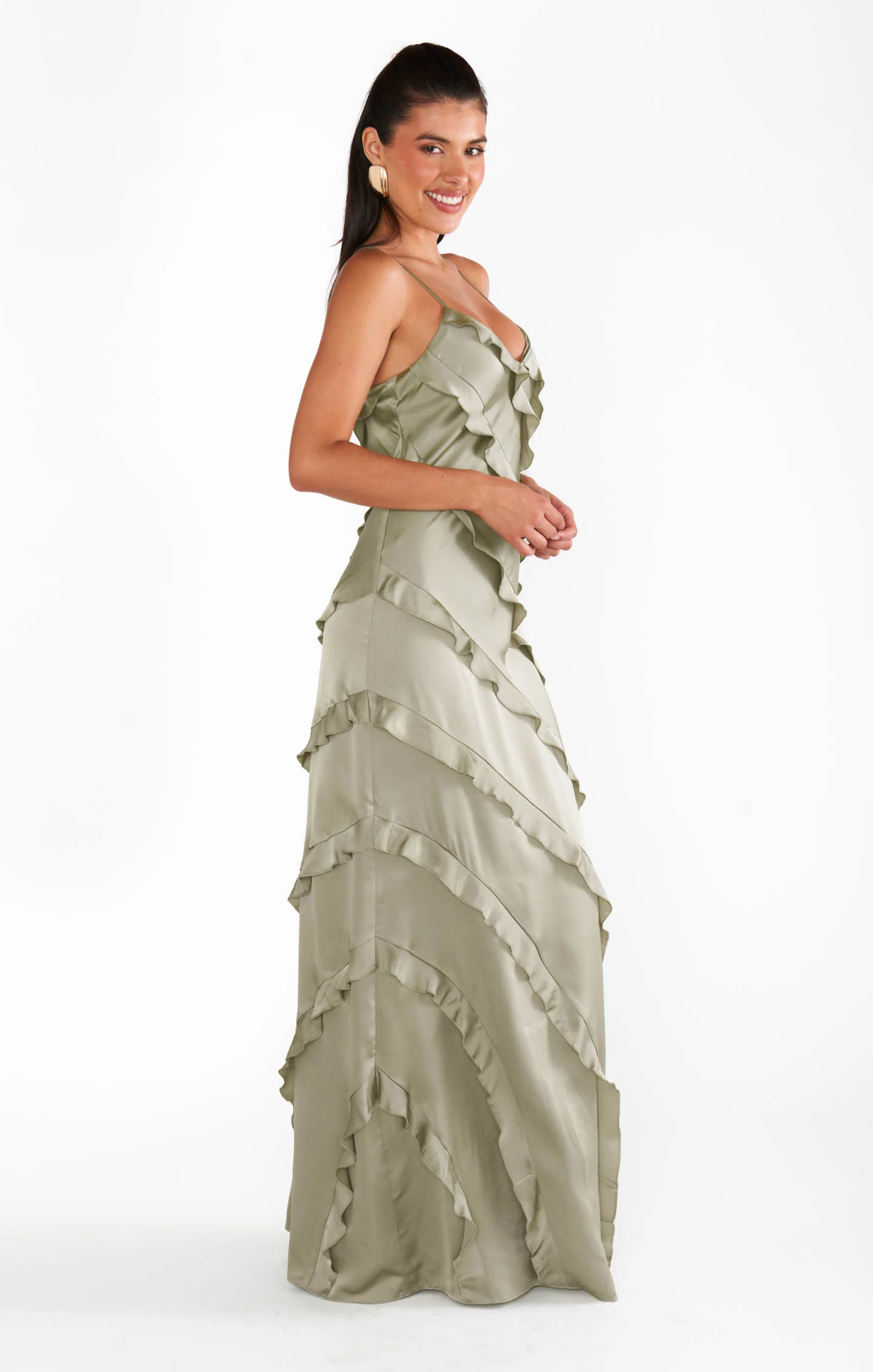 Romance Ruffle Dress ~ Moss Green Luxe Satin - Image 5