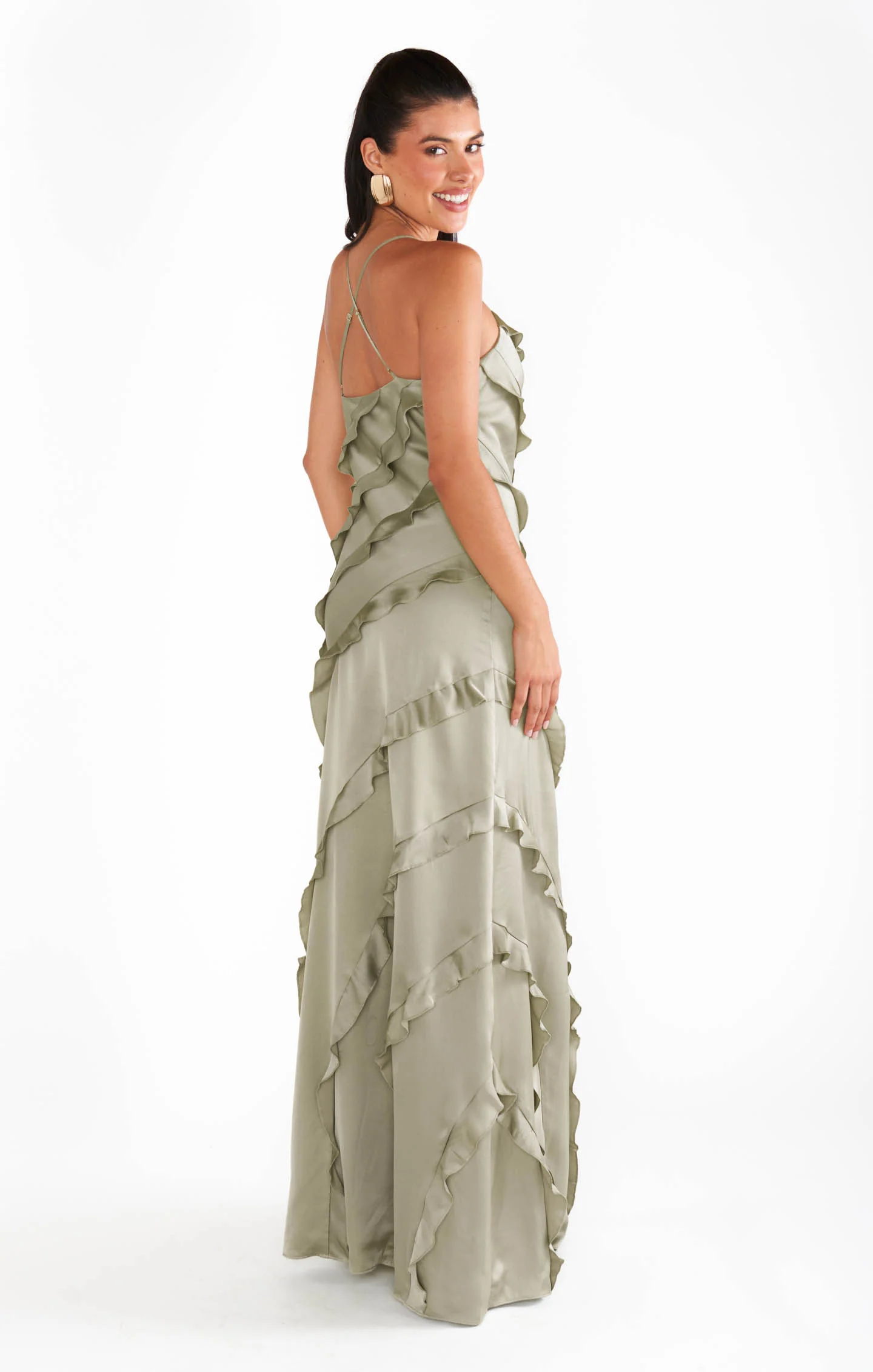 Romance Ruffle Dress ~ Moss Green Luxe Satin - Image 6