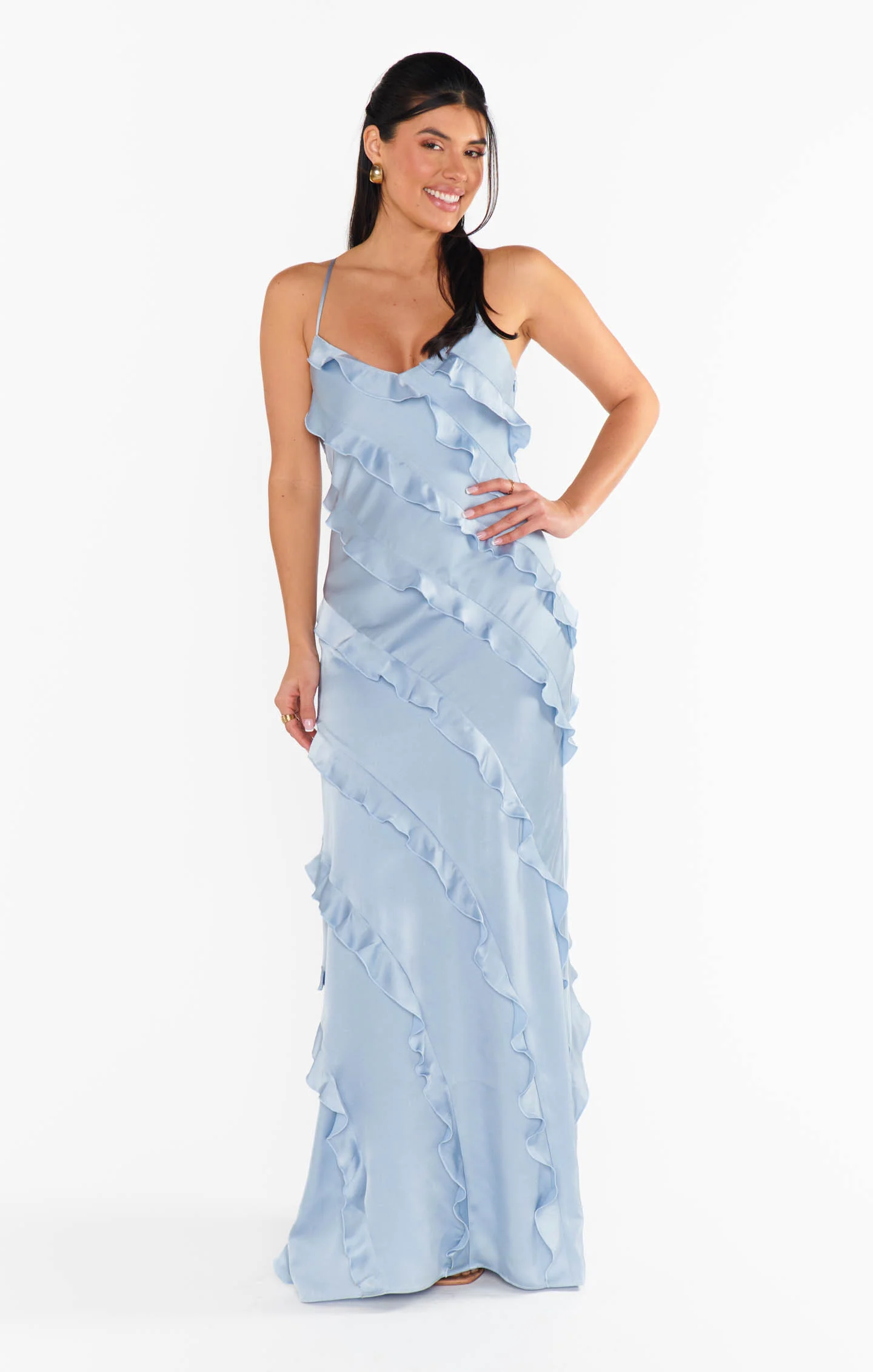 Romance Ruffle Dress ~ Steel Blue Luxe Satin - Image 2