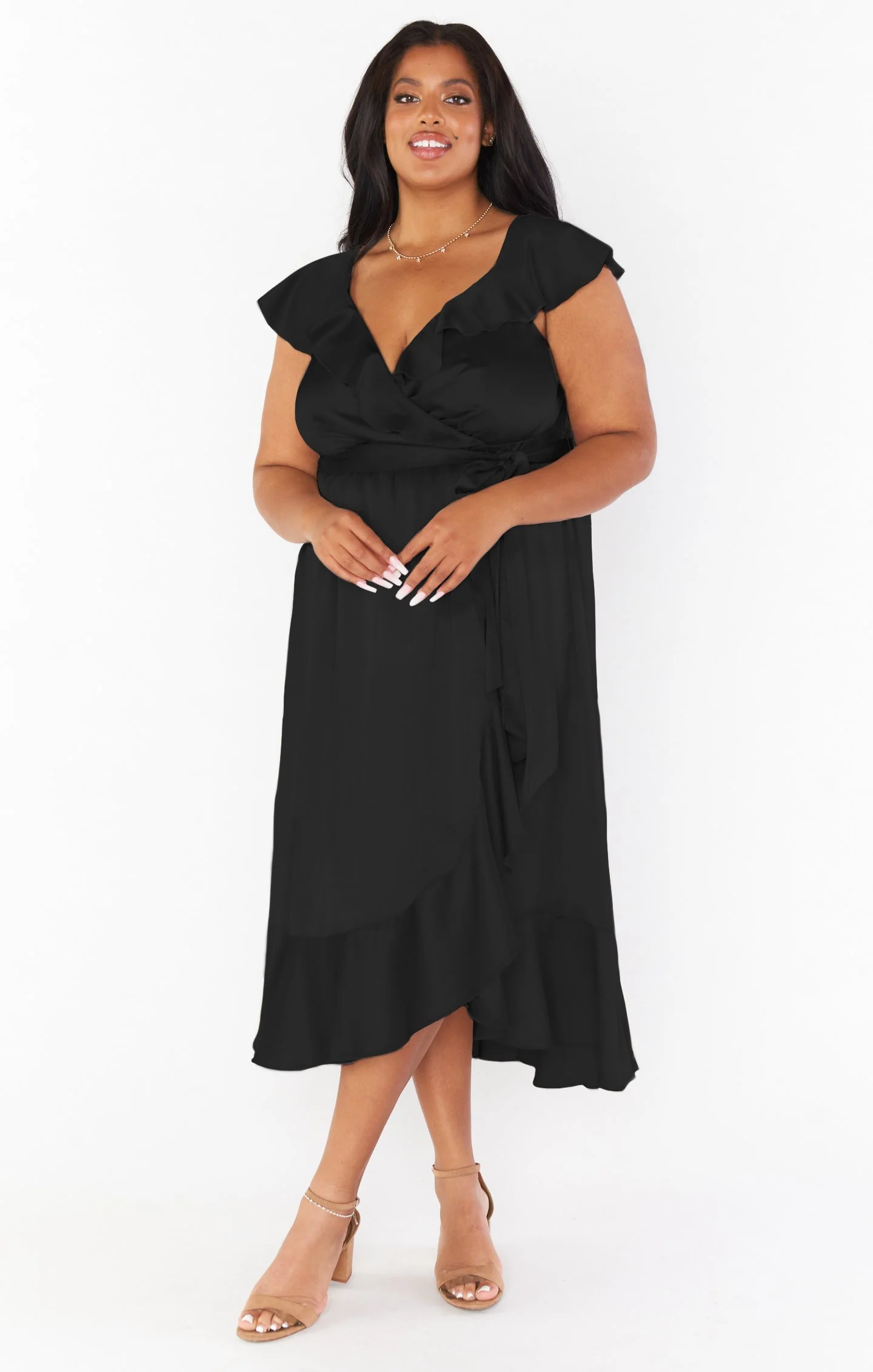Samantha Ruffle Wrap Dress ~ Black Luxe Satin - Image 3