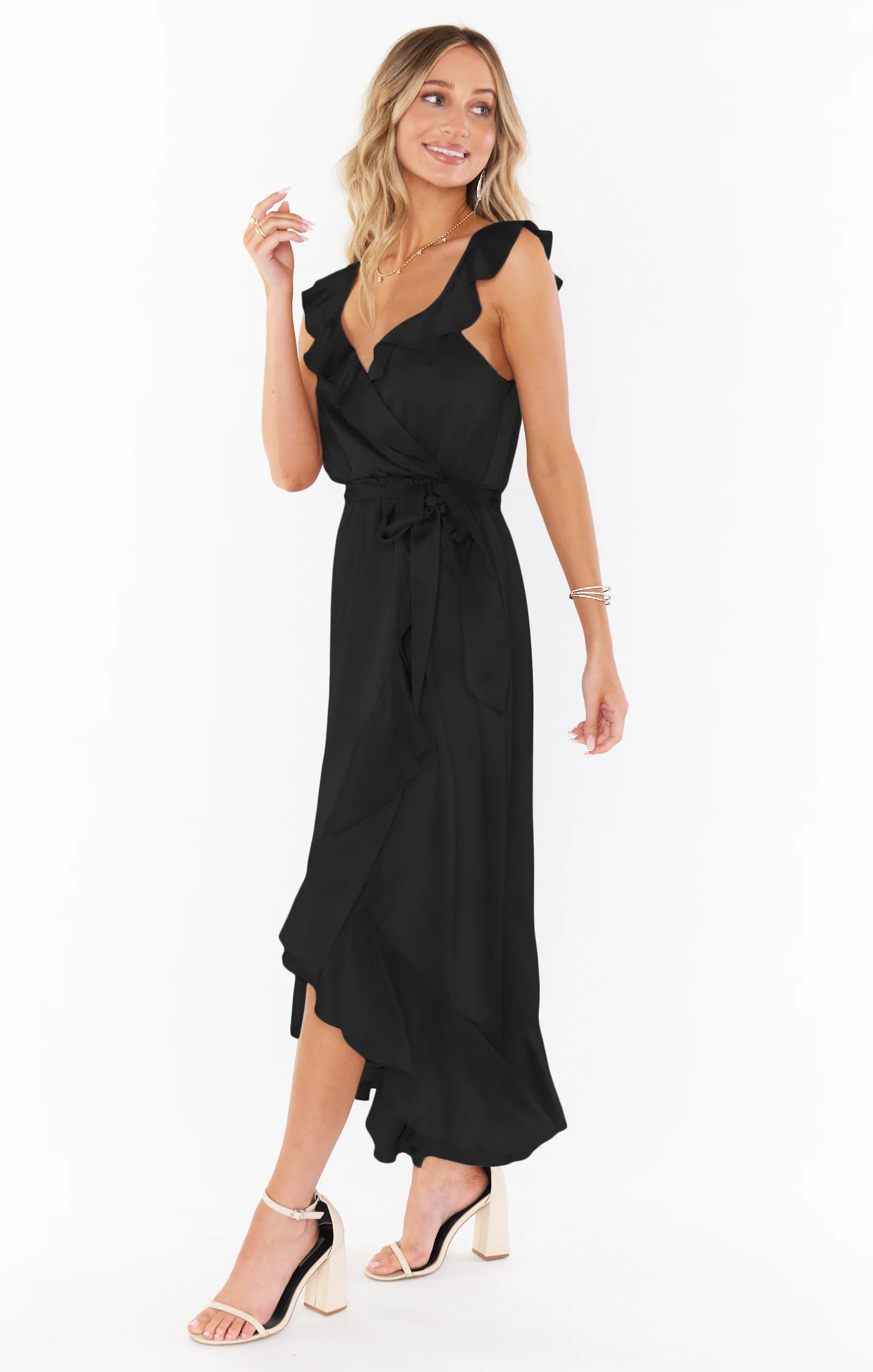 Samantha Ruffle Wrap Dress ~ Black Luxe Satin - Image 4