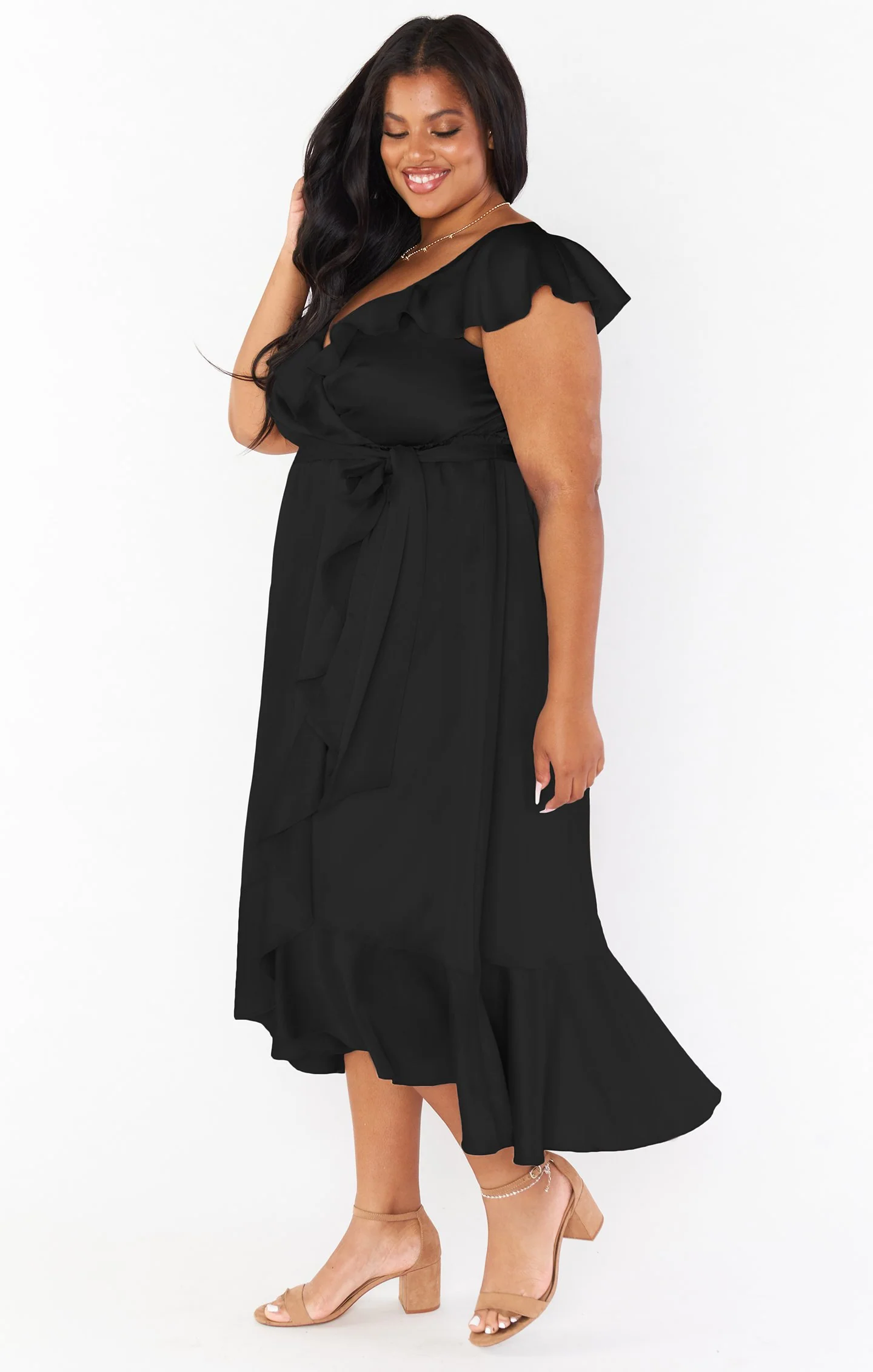 Samantha Ruffle Wrap Dress ~ Black Luxe Satin - Image 5