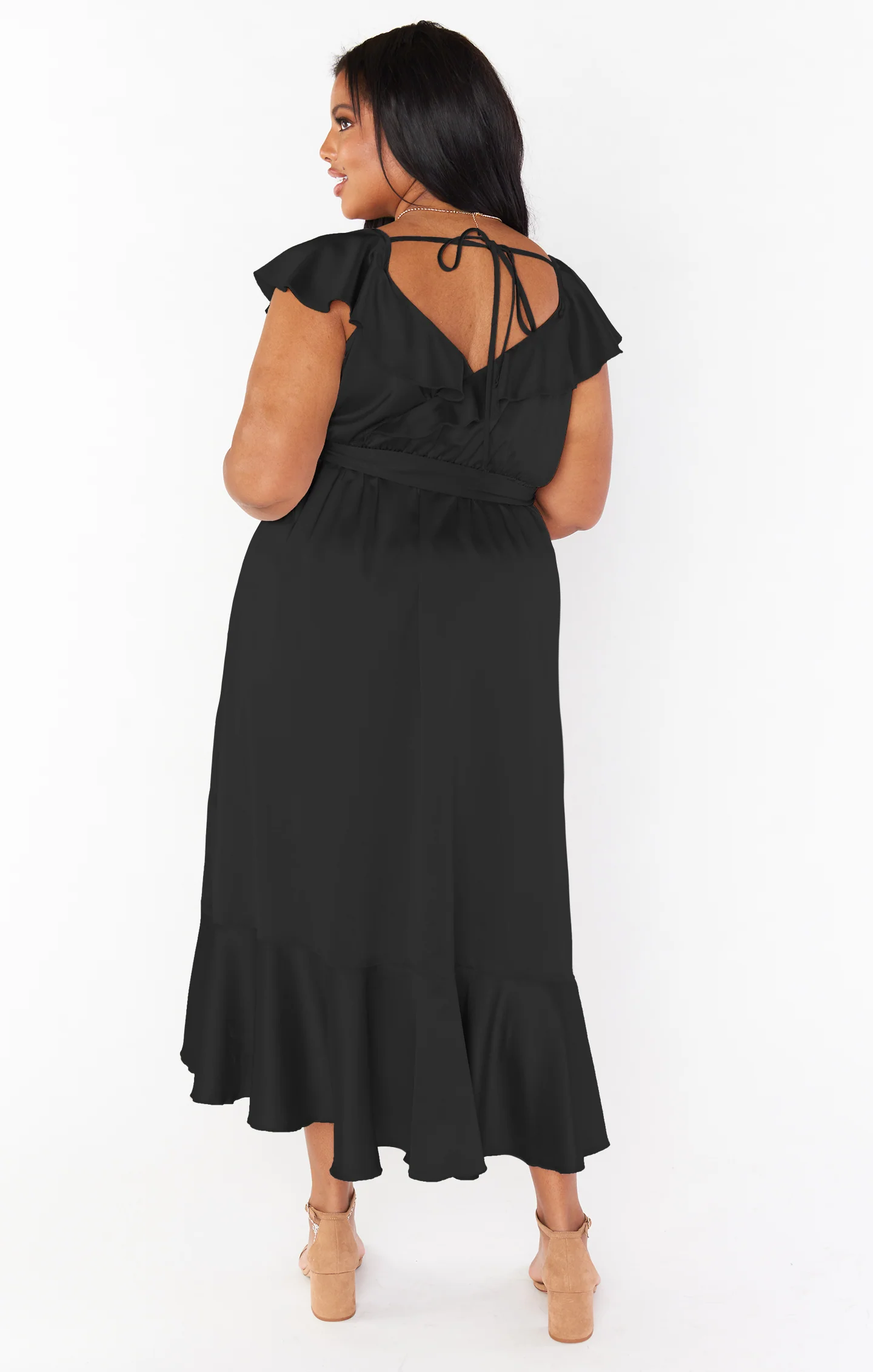 Samantha Ruffle Wrap Dress ~ Black Luxe Satin - Image 9
