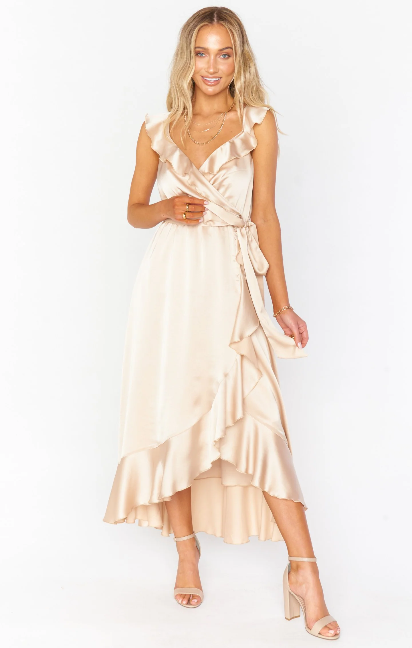 Samantha Ruffle Wrap Dress ~ Champagne Luxe Satin - Image 18