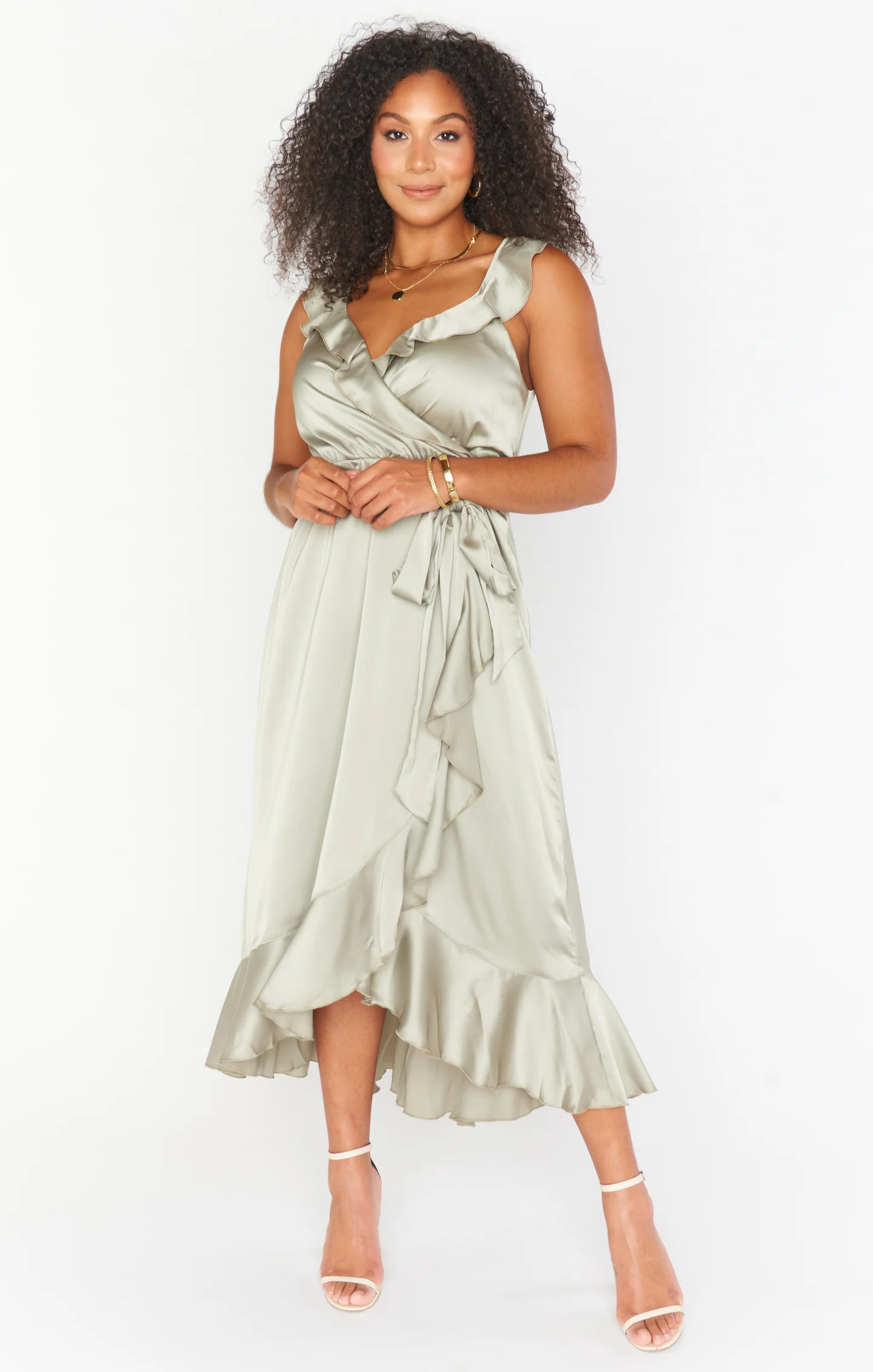 Samantha Ruffle Wrap Dress ~ Moss Green Luxe Satin - Image 11