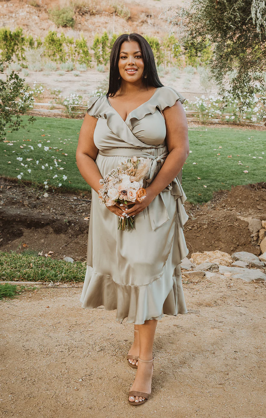 Samantha Ruffle Wrap Dress ~ Moss Green Luxe Satin - Image 14