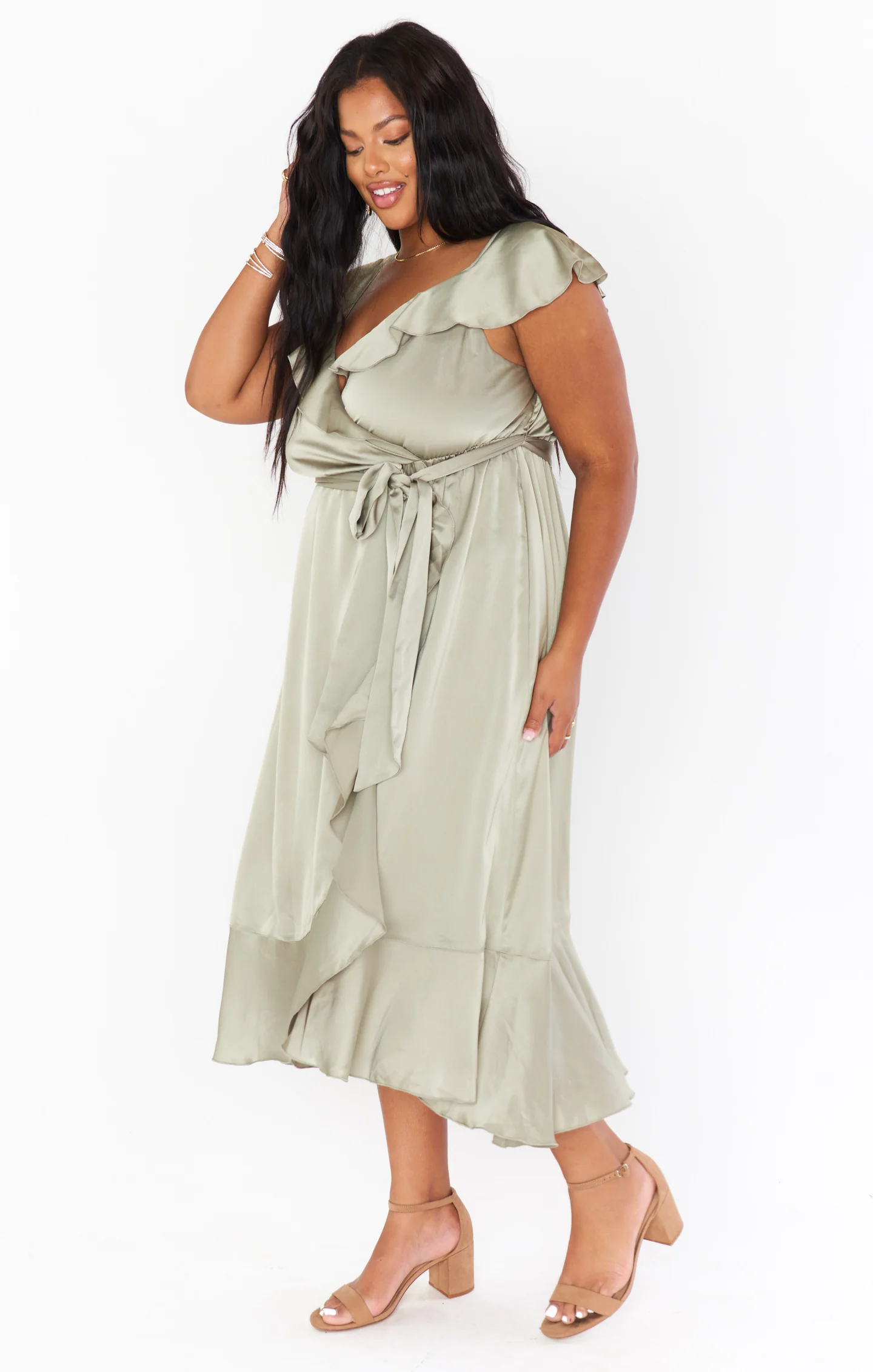 Samantha Ruffle Wrap Dress ~ Moss Green Luxe Satin - Image 15