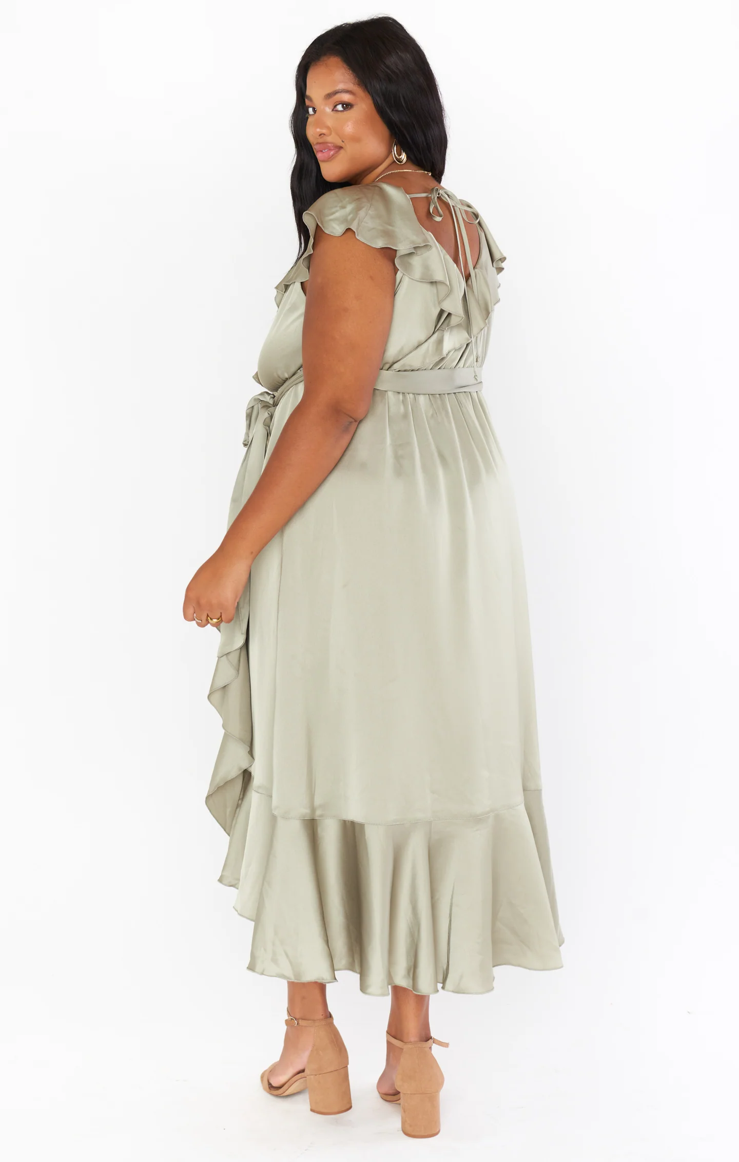 Samantha Ruffle Wrap Dress ~ Moss Green Luxe Satin - Image 16
