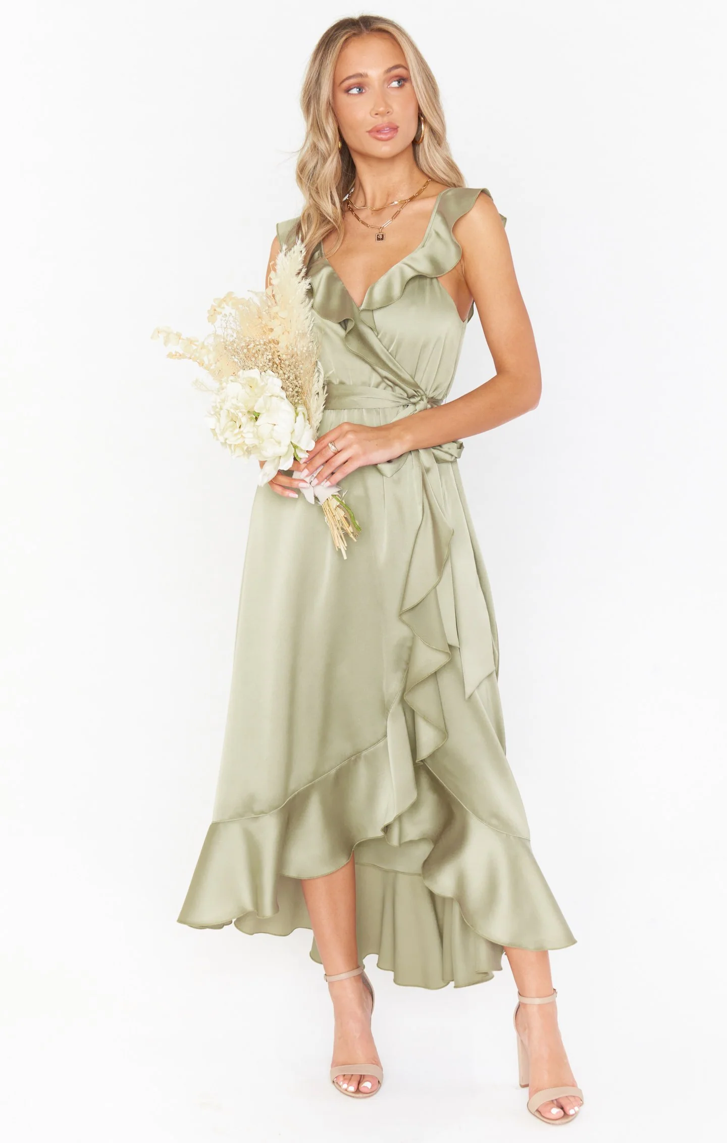 Samantha Ruffle Wrap Dress ~ Moss Green Luxe Satin - Image 18