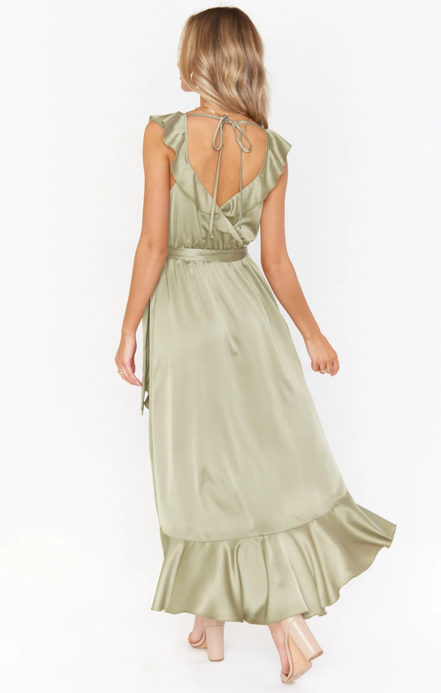 Samantha Ruffle Wrap Dress ~ Moss Green Luxe Satin - Image 5