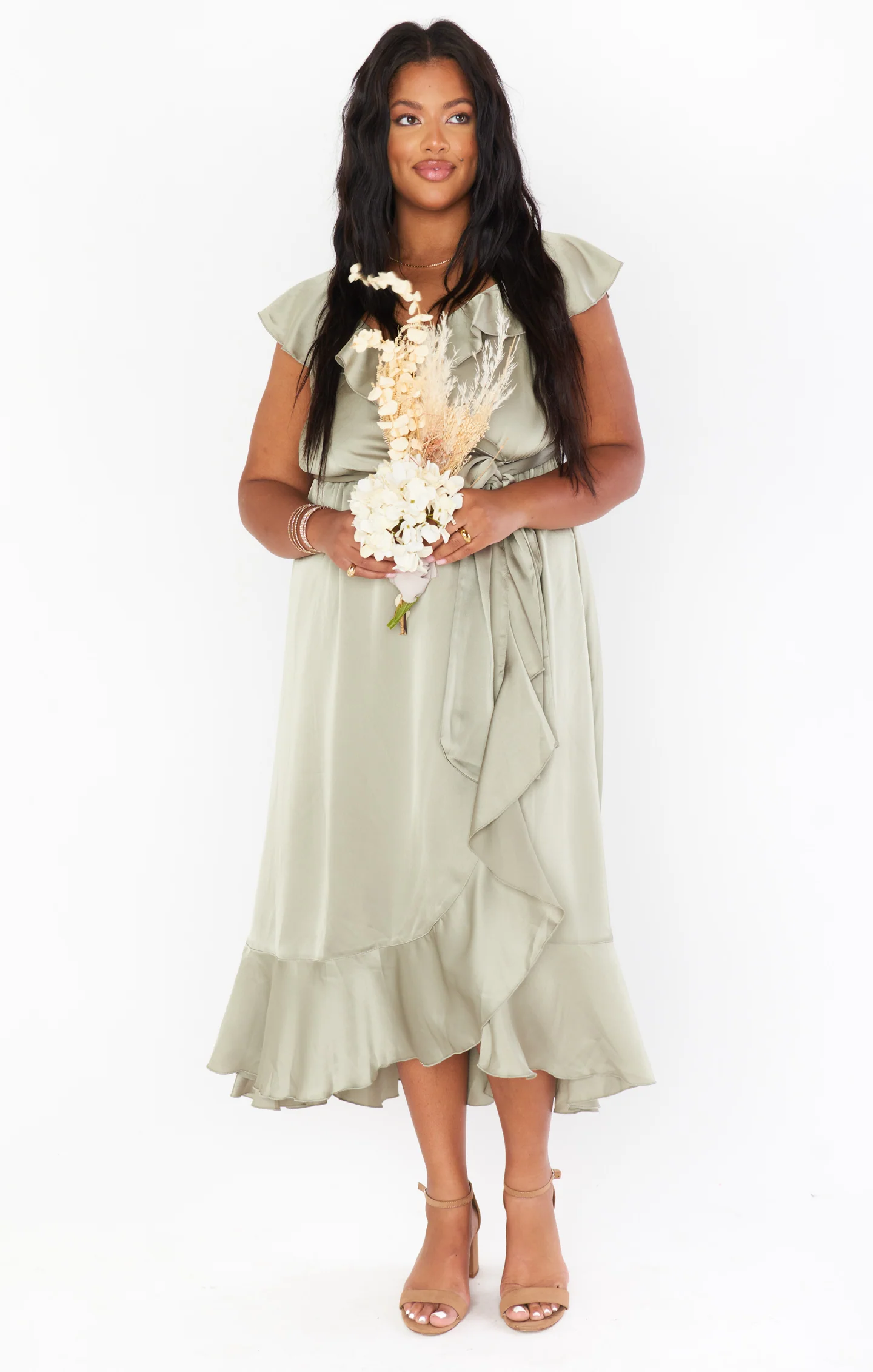 Samantha Ruffle Wrap Dress ~ Moss Green Luxe Satin - Image 9