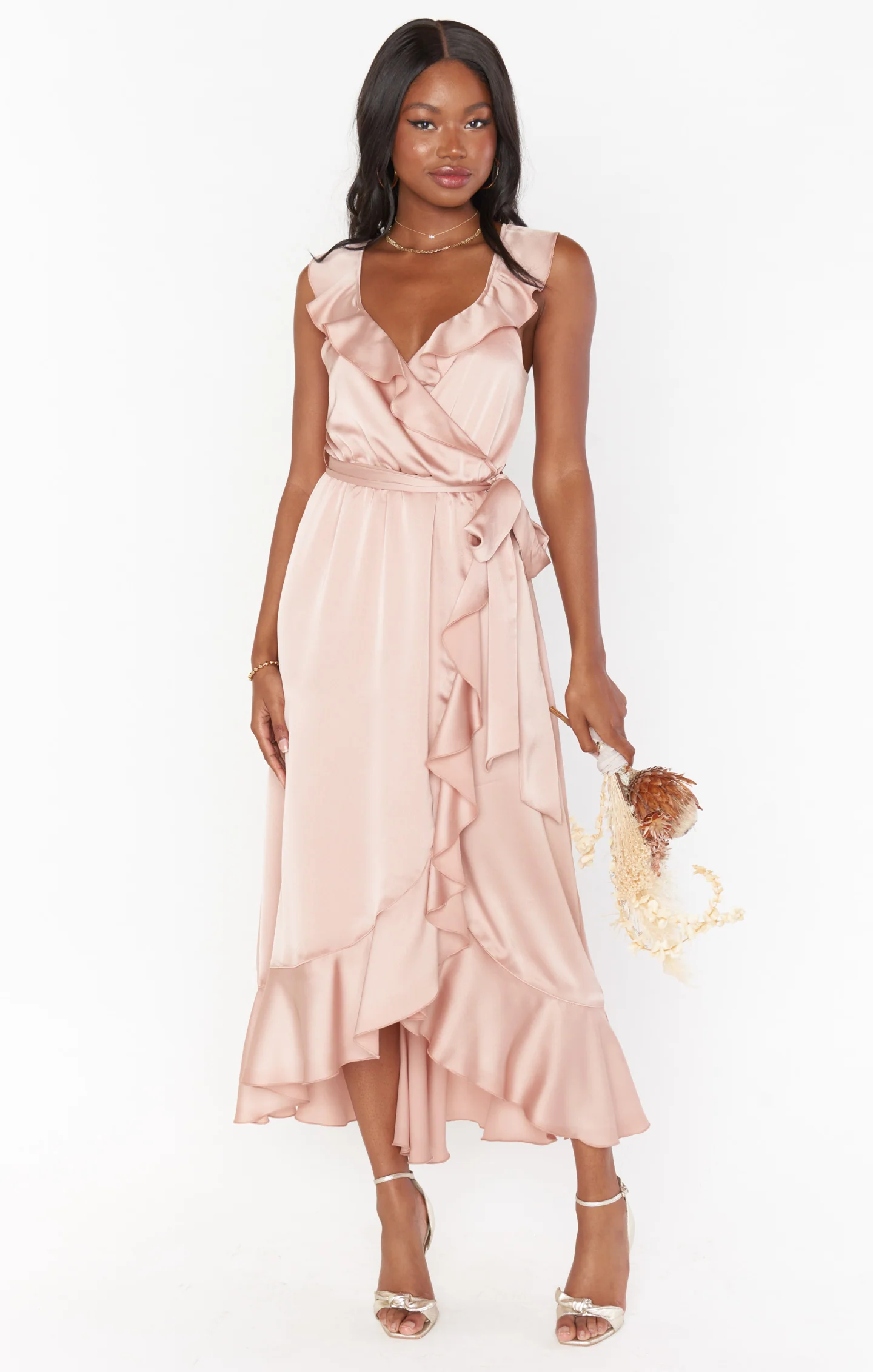 Samantha Ruffle Wrap Dress ~ Rose Gold Luxe Satin - Image 15