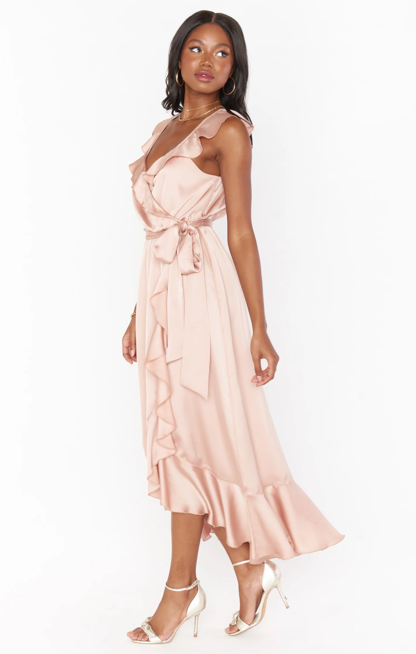 Samantha Ruffle Wrap Dress ~ Rose Gold Luxe Satin - Image 5