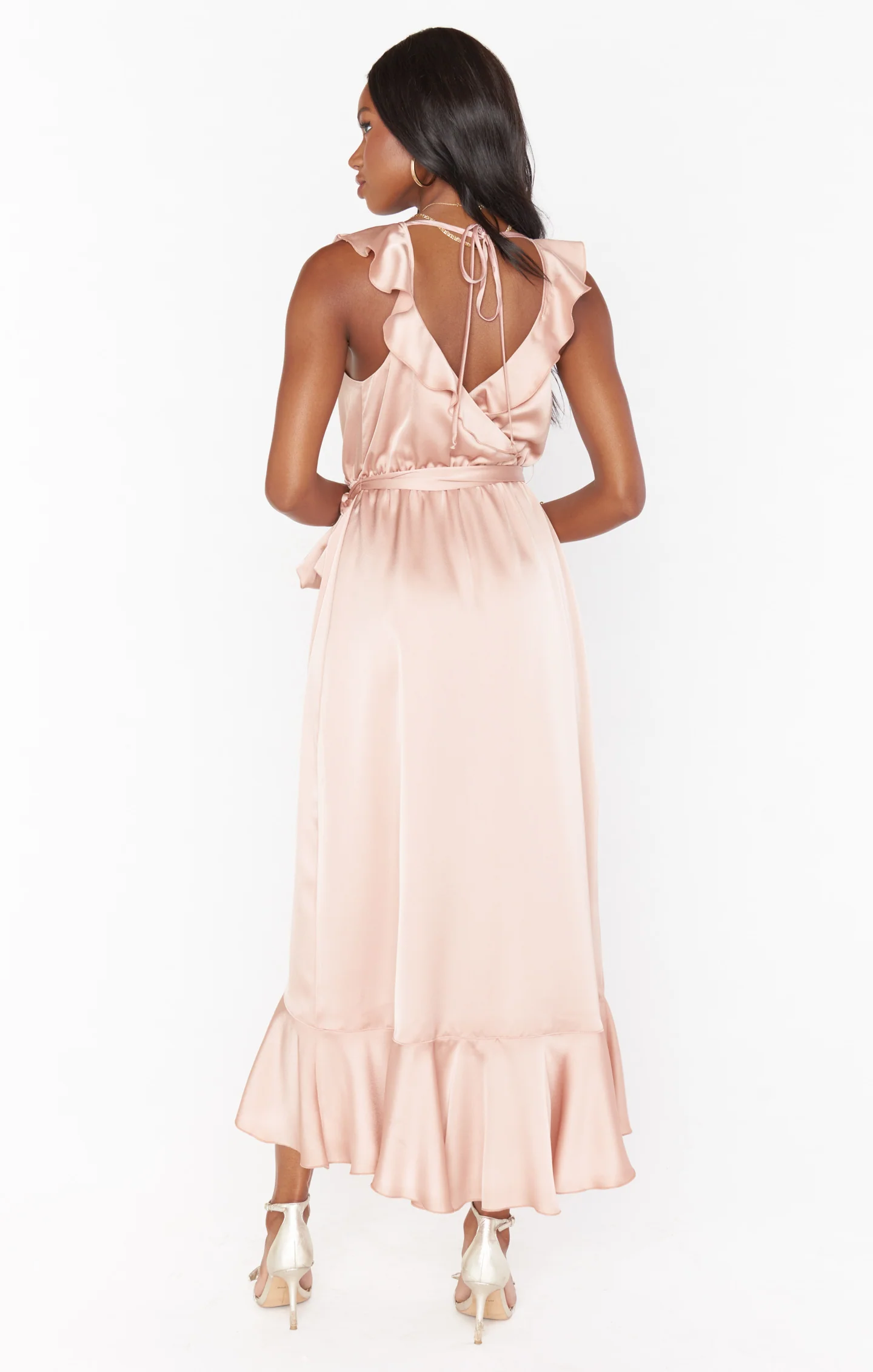 Samantha Ruffle Wrap Dress ~ Rose Gold Luxe Satin - Image 6
