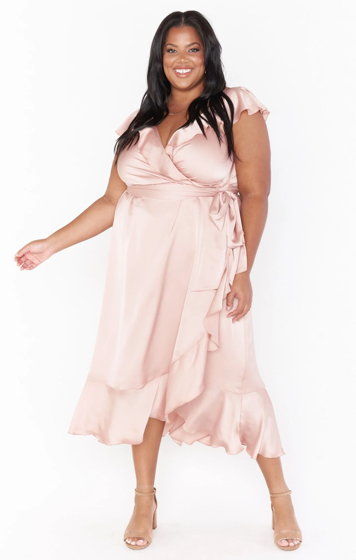Samantha Ruffle Wrap Dress ~ Rose Gold Luxe Satin - Image 8