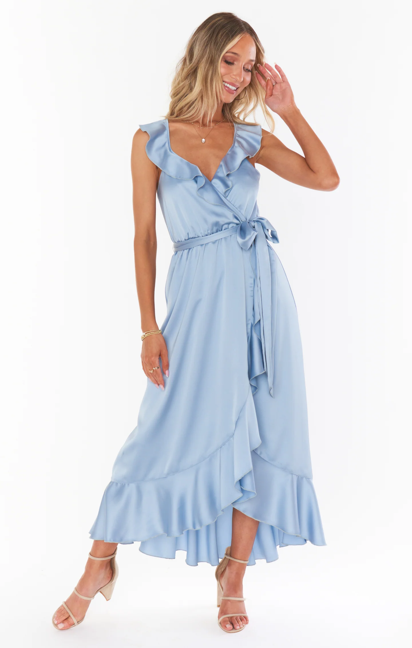 Samantha Ruffle Wrap Dress ~ Steel Blue Luxe Satin - Image 2
