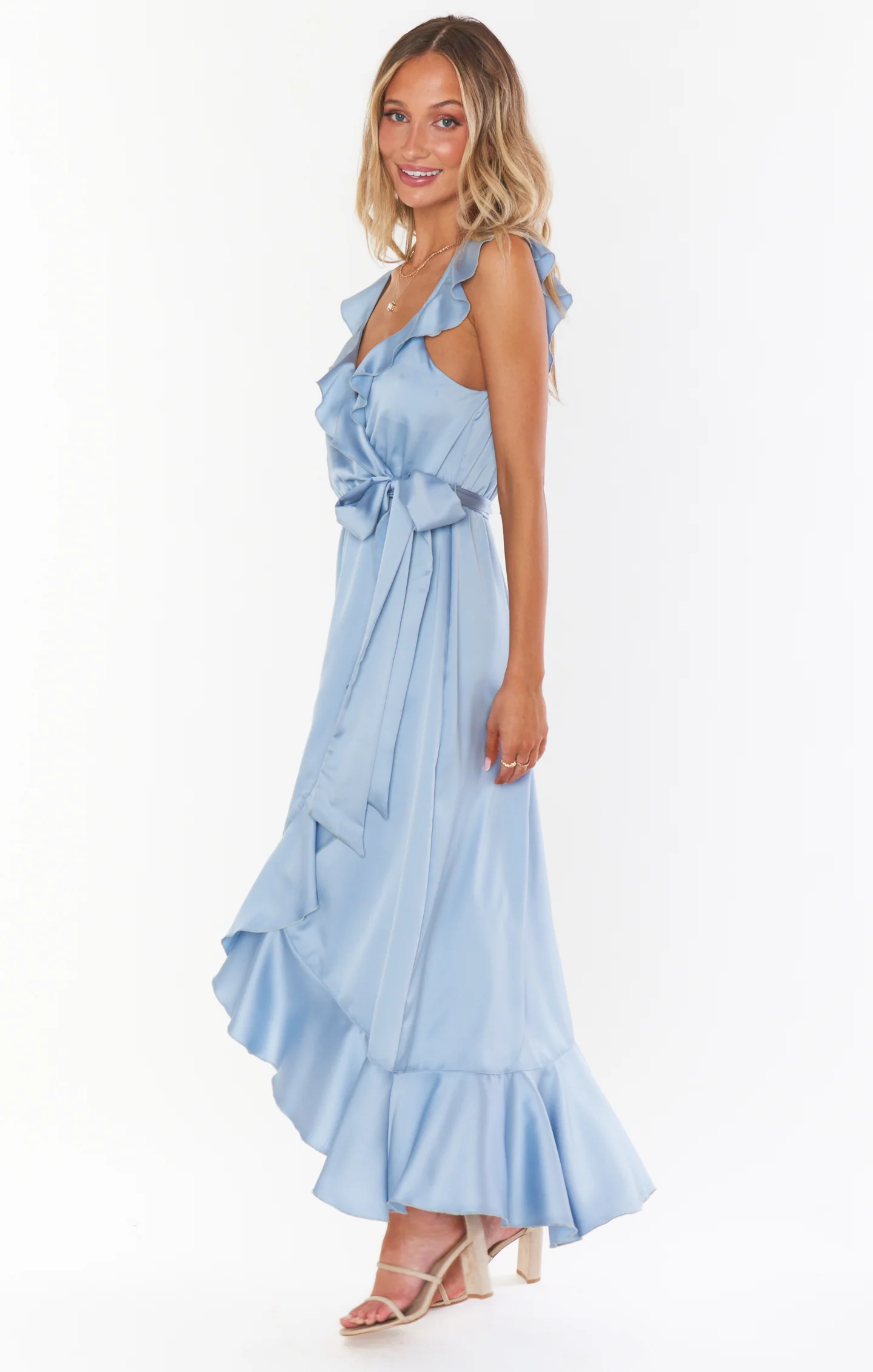 Samantha Ruffle Wrap Dress ~ Steel Blue Luxe Satin - Image 3