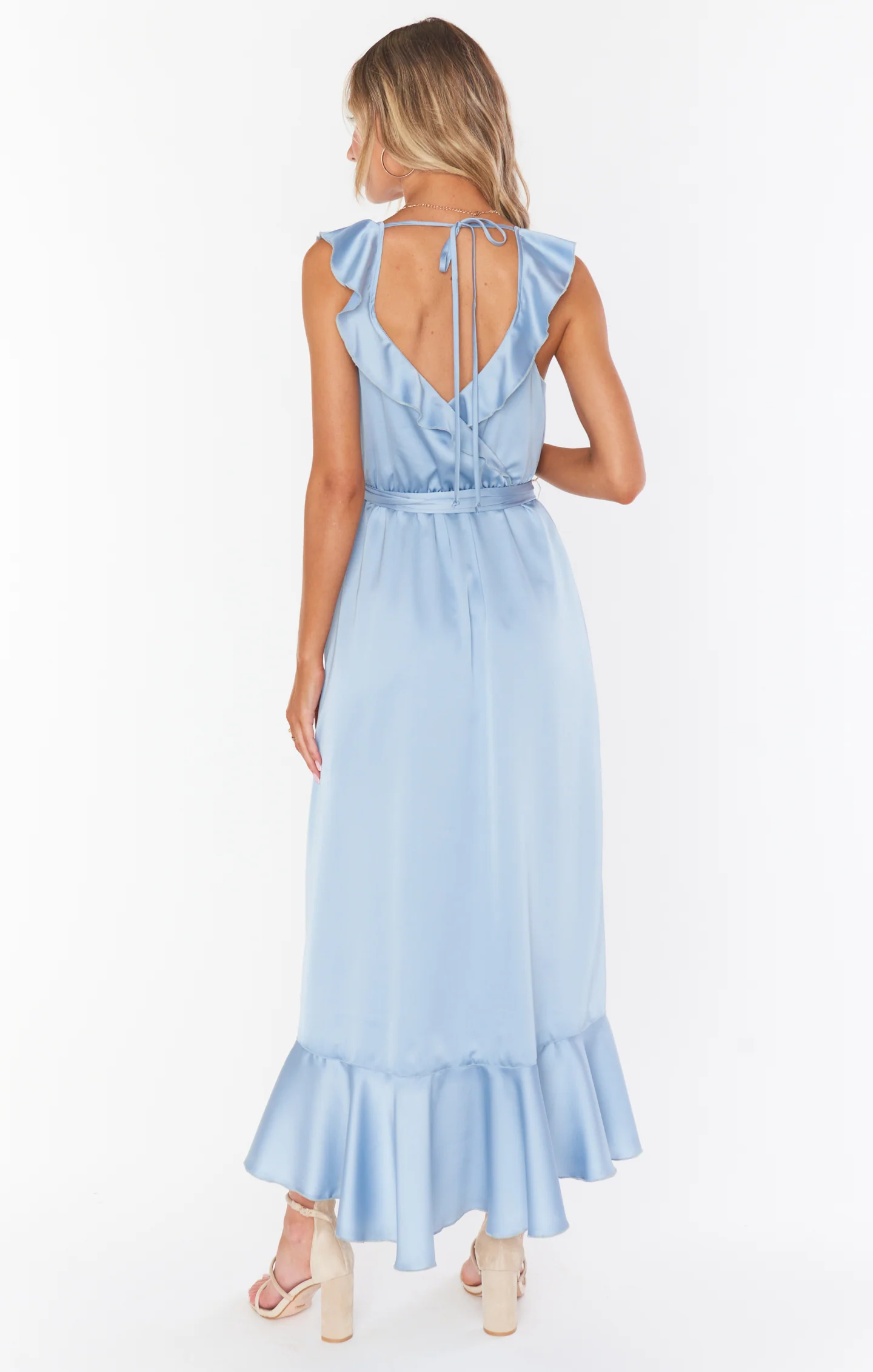 Samantha Ruffle Wrap Dress ~ Steel Blue Luxe Satin - Image 4