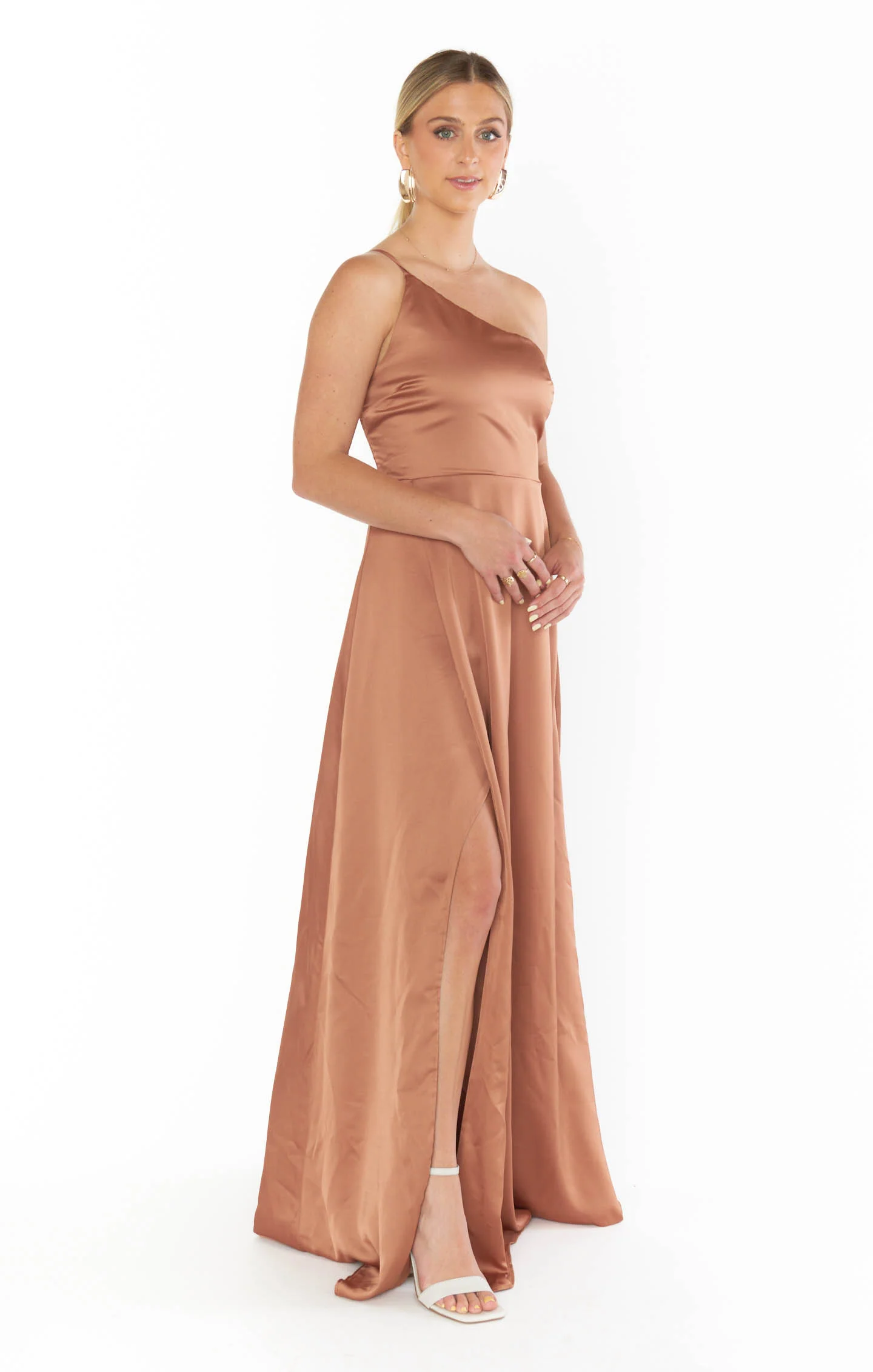 Shannon One Shoulder Dress ~ Copper Luxe Satin - Image 2