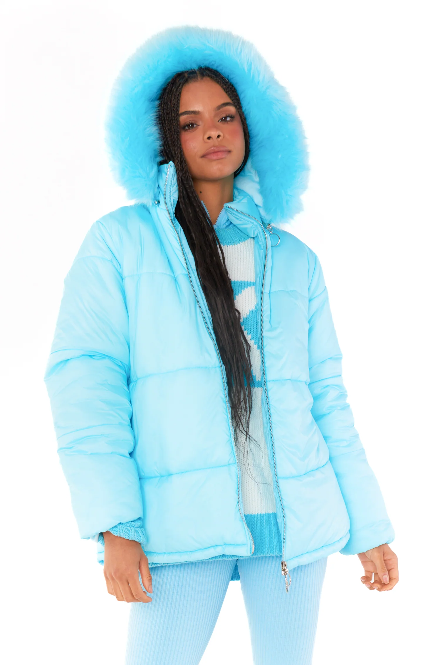 Snowbird Puffer Jacket ~ Powder Blue with Faux Fur - Image 3