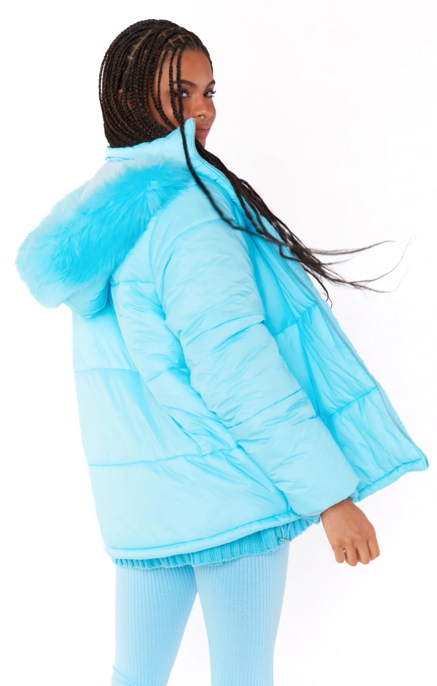 Snowbird Puffer Jacket ~ Powder Blue with Faux Fur - Image 4