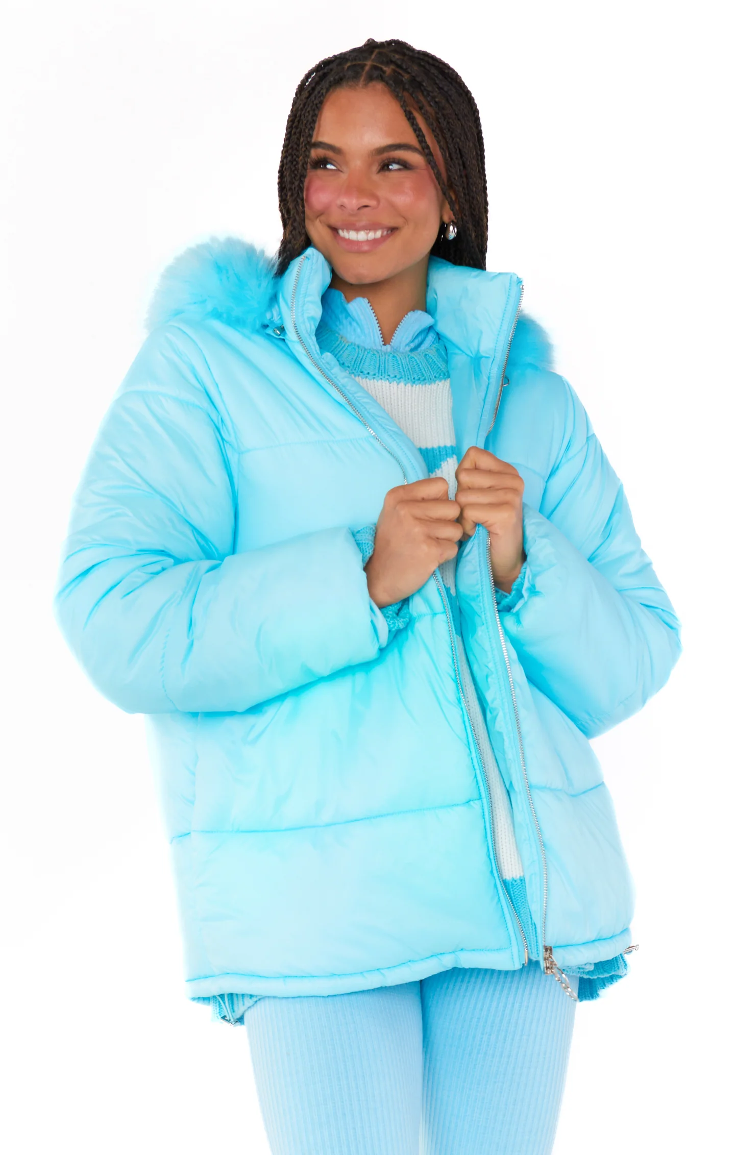 Snowbird Puffer Jacket ~ Powder Blue with Faux Fur - Image 7