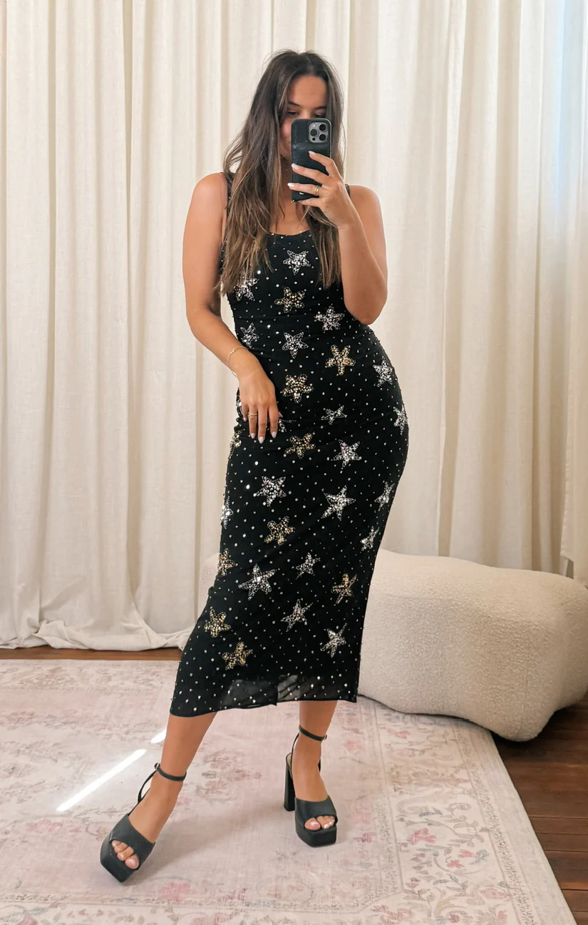 Stassi Midi Dress ~ Starfish Beaded Sequins Black - Image 5