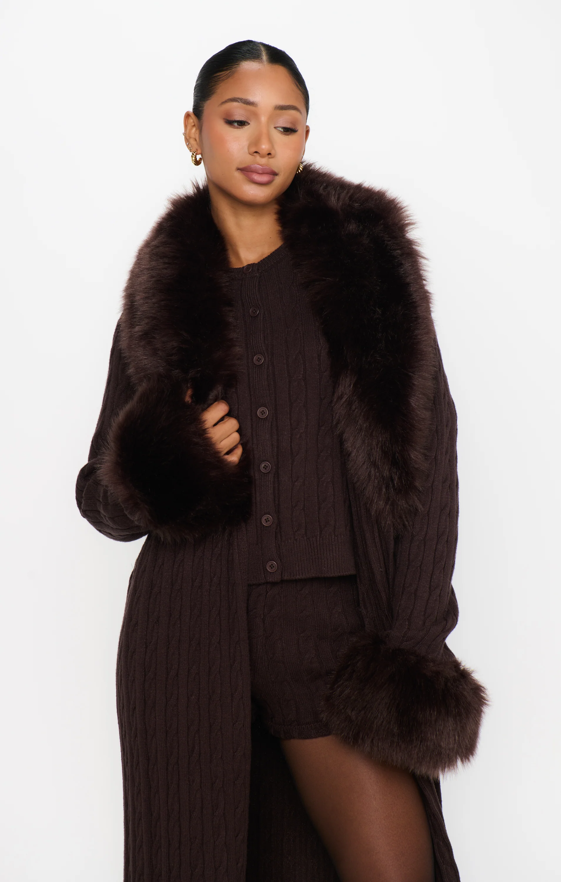 Stormi Cardigan ~ Chocolate Cable Knit with Faux Fur - Image 5