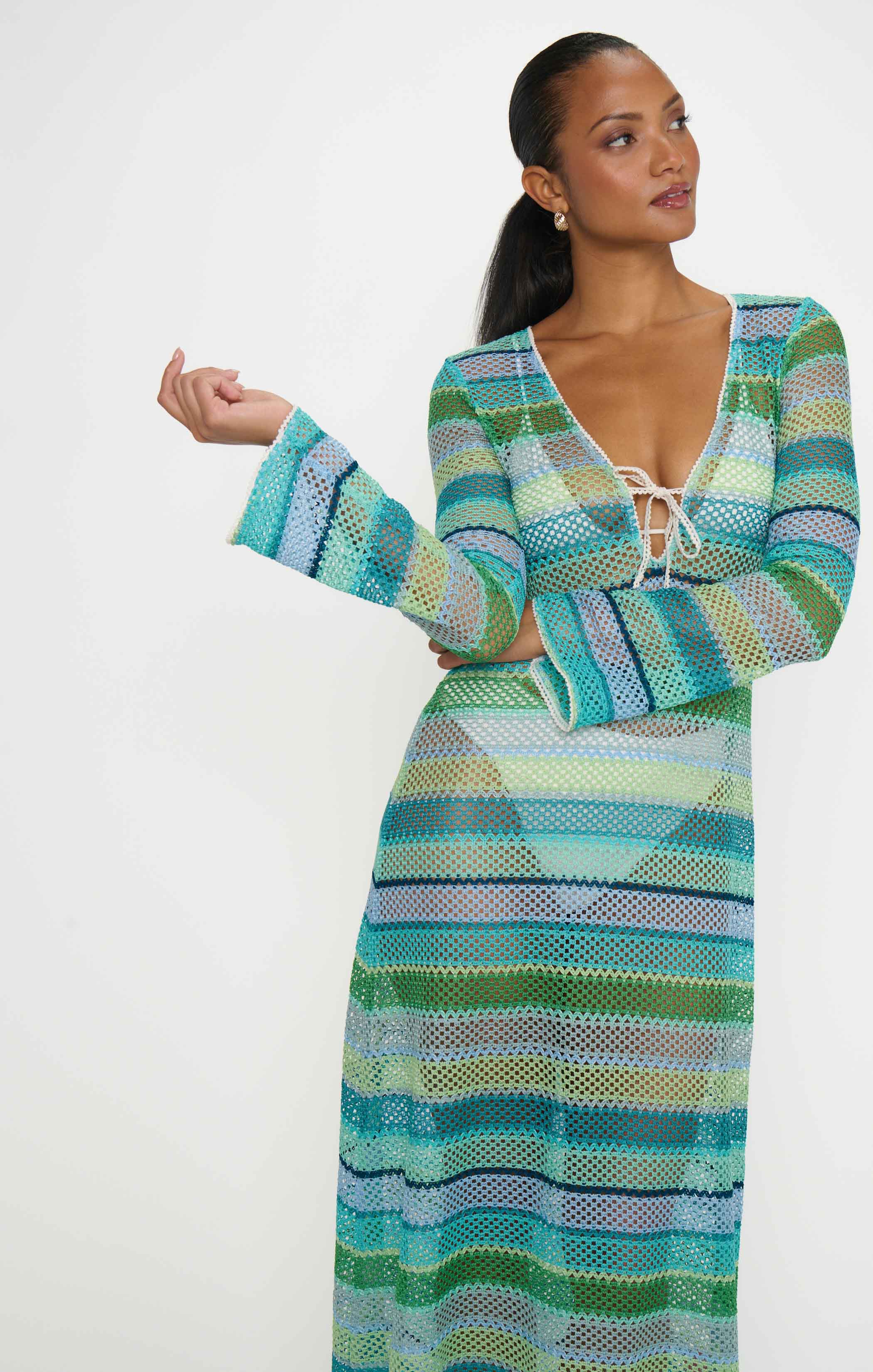 Vacay Coverup ~ Green Multi Stripe Crochet - Image 6