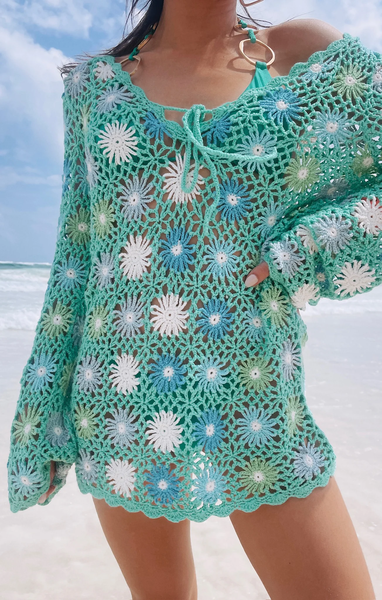 Vacay Mini Coverup ~ Blue Multi Floral Crochet - Image 2