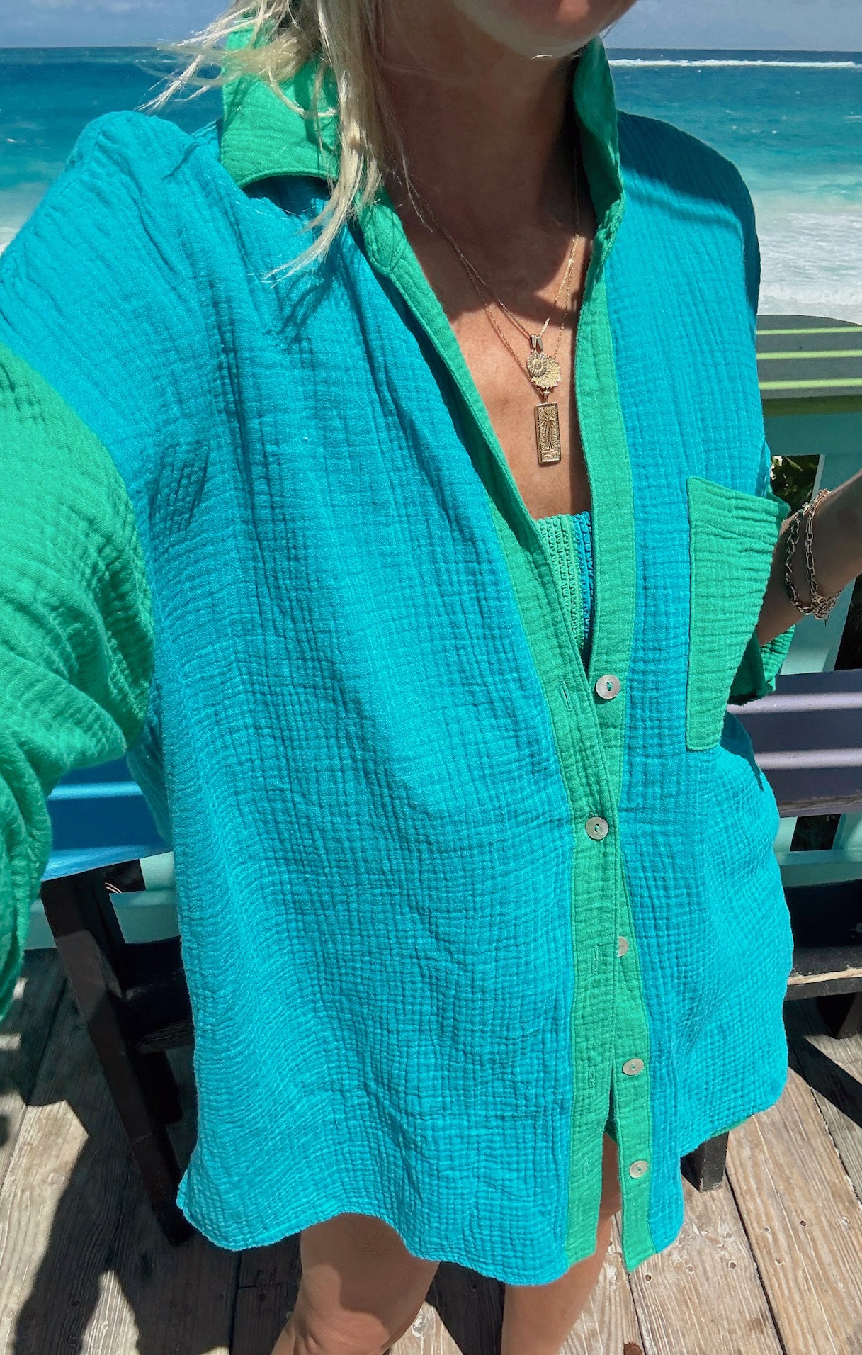 Weekday Button Up ~ Sea Colorblock Gauze - Image 2