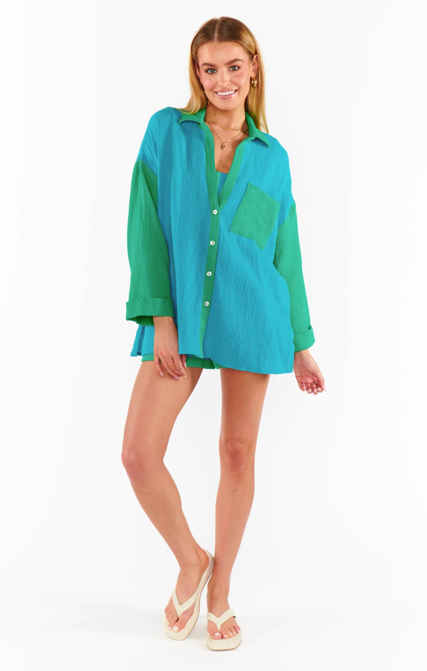Weekday Button Up ~ Sea Colorblock Gauze - Image 3