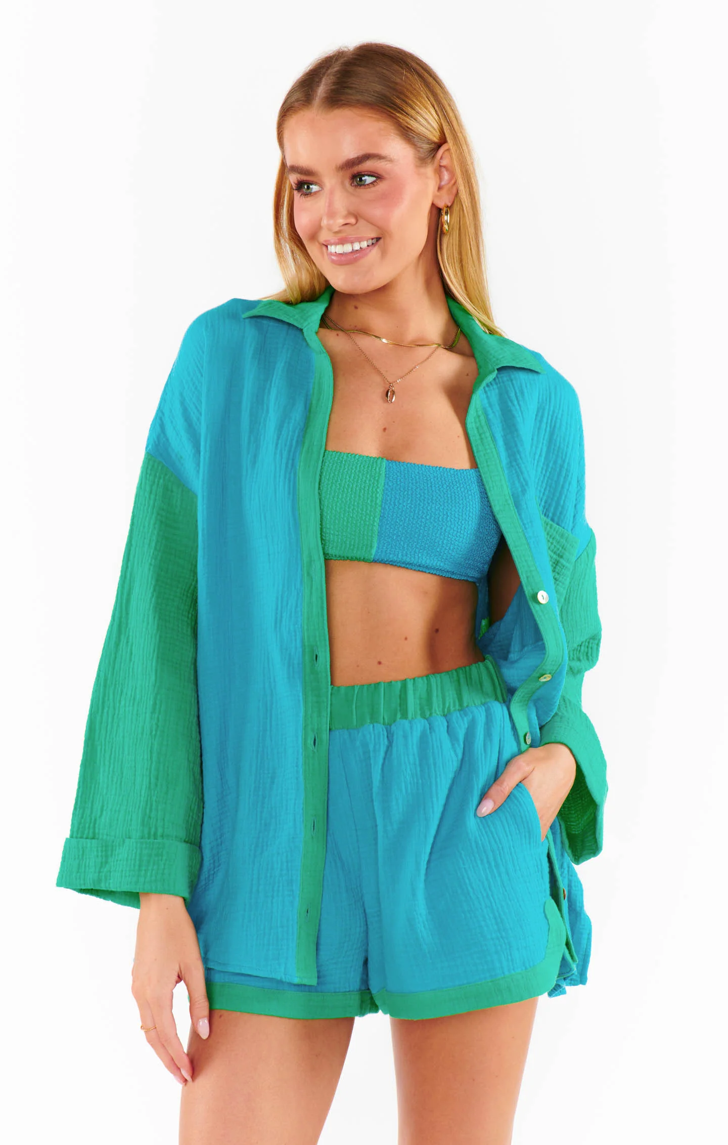 Weekday Button Up ~ Sea Colorblock Gauze - Image 4