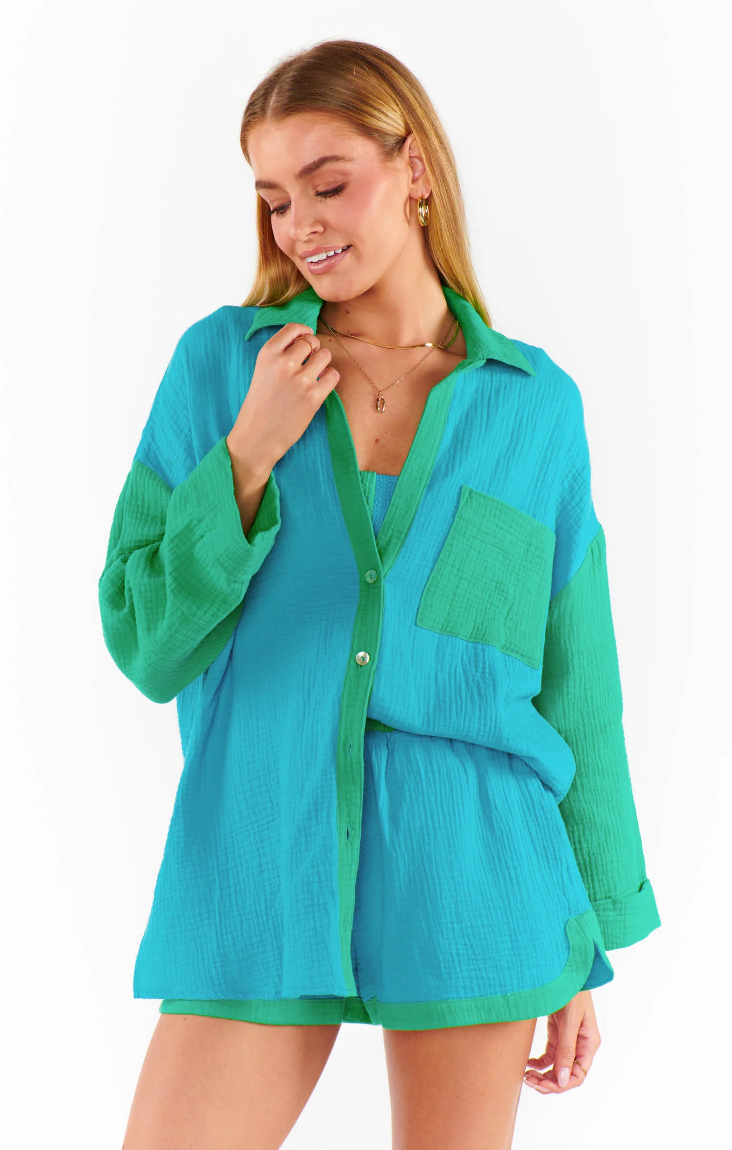 Weekday Button Up ~ Sea Colorblock Gauze - Image 5