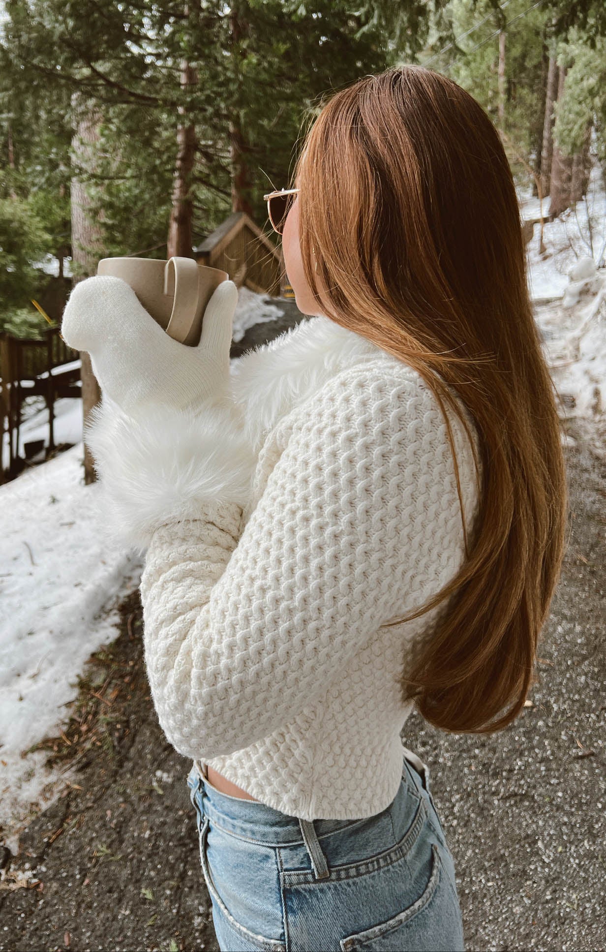 Zermatt Zip Up ~ White Pebble Knit with Faux Fur - Image 3