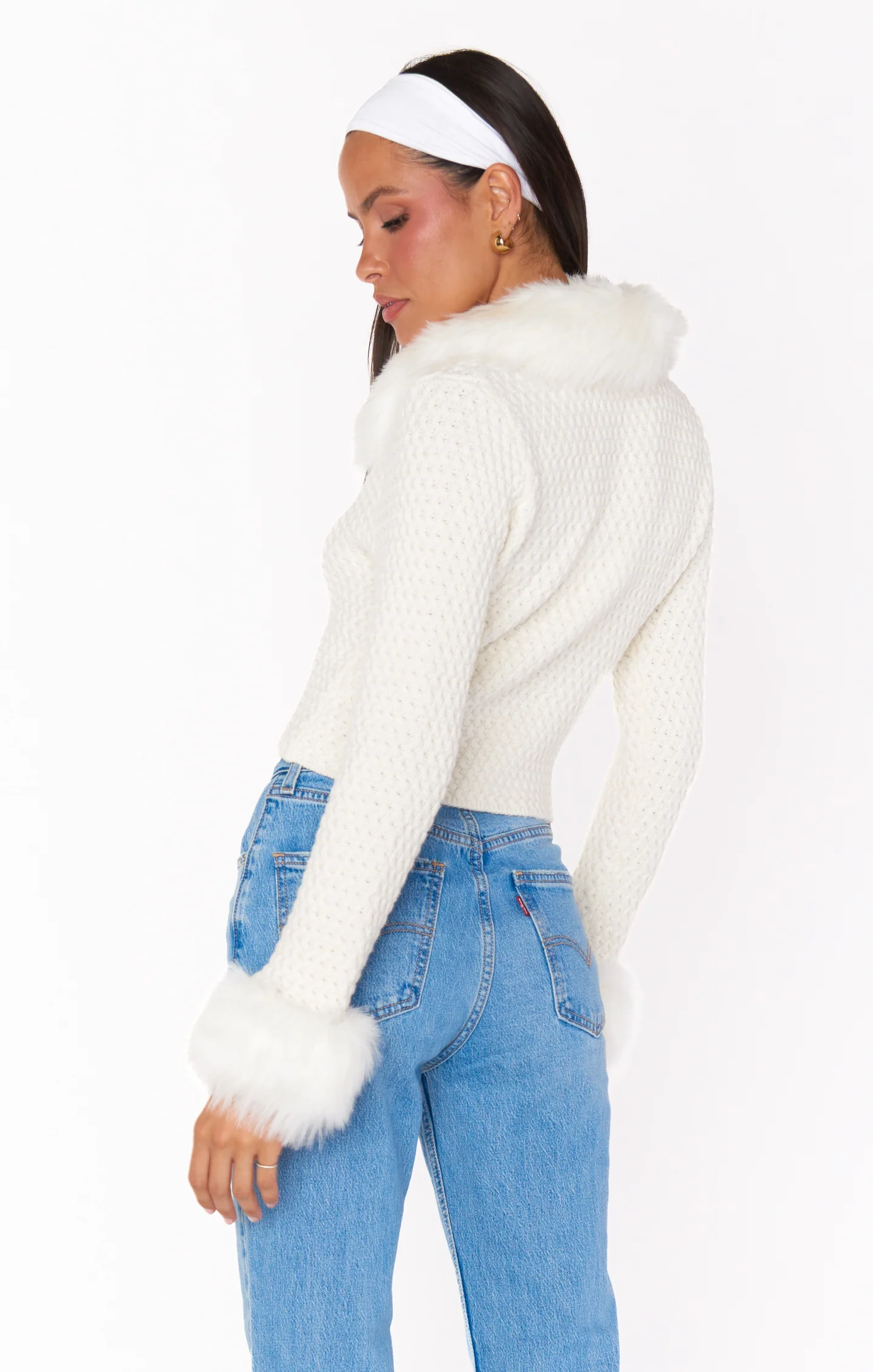 Zermatt Zip Up ~ White Pebble Knit with Faux Fur - Image 4