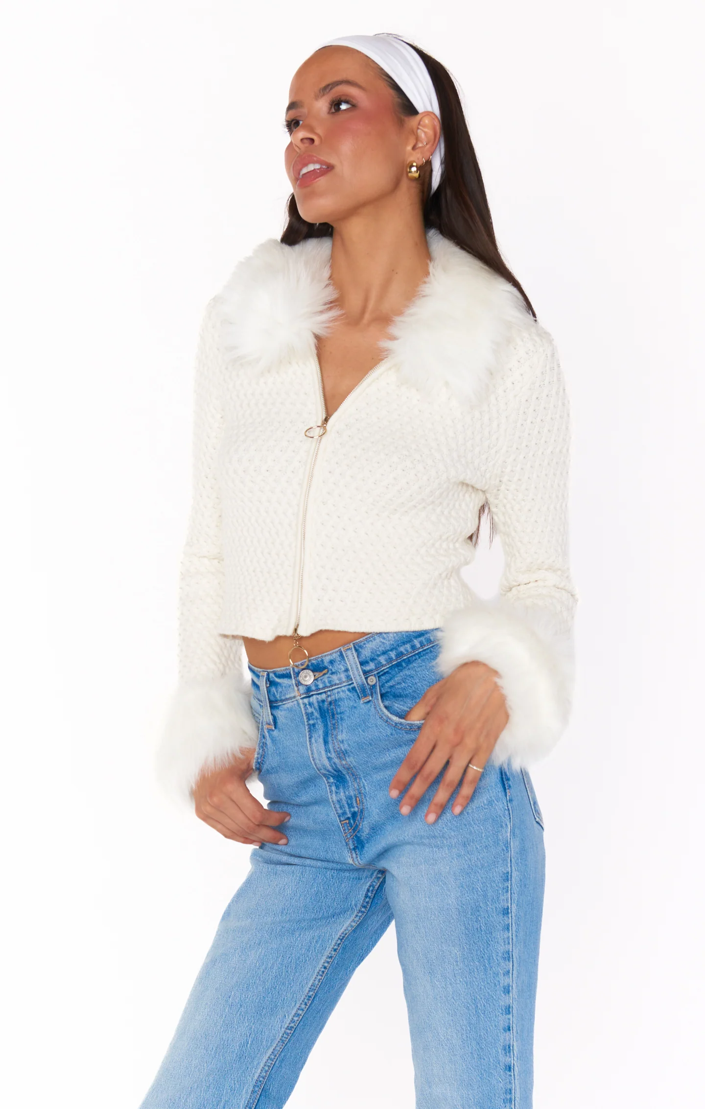 Zermatt Zip Up ~ White Pebble Knit with Faux Fur - Image 7
